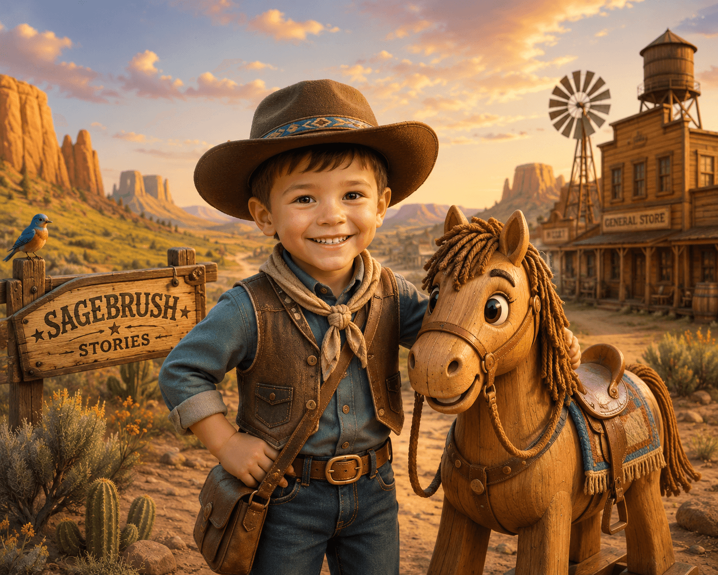 Young explorer with friendly wooded pony in sagebrush stories